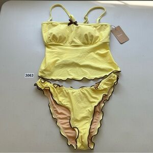 Samiol Yellow Ruffle Contrast Trim Tankini Bikini Set Spaghetti Strap Size M